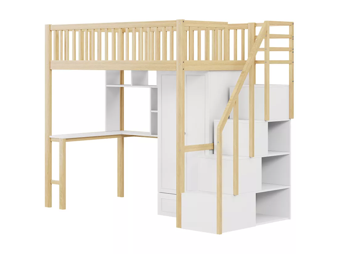 Lit mezzanine 90 x 200 cm avec grande armoire, bureau, bibliothèque, escalier et tiroirs, tout-en-un, Bois MDF, Blanc + chêne