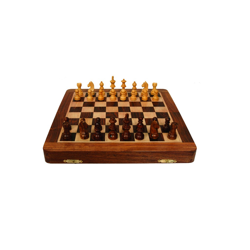 Jeu d'échecs pliant magnétique marqueté, 17 cm - Bois Brut
