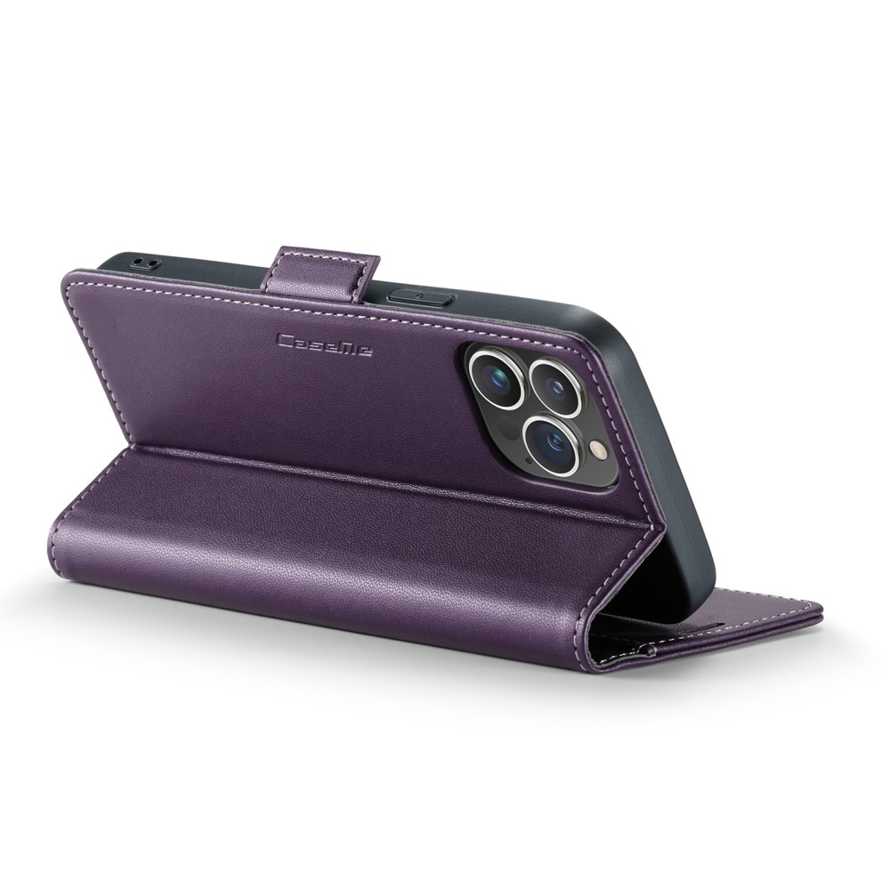 iPhone 14 Pro Leder Tasche Flip Wallet Etui mit Kartenfächern Litchi Look (RFID Schutz) - Violett