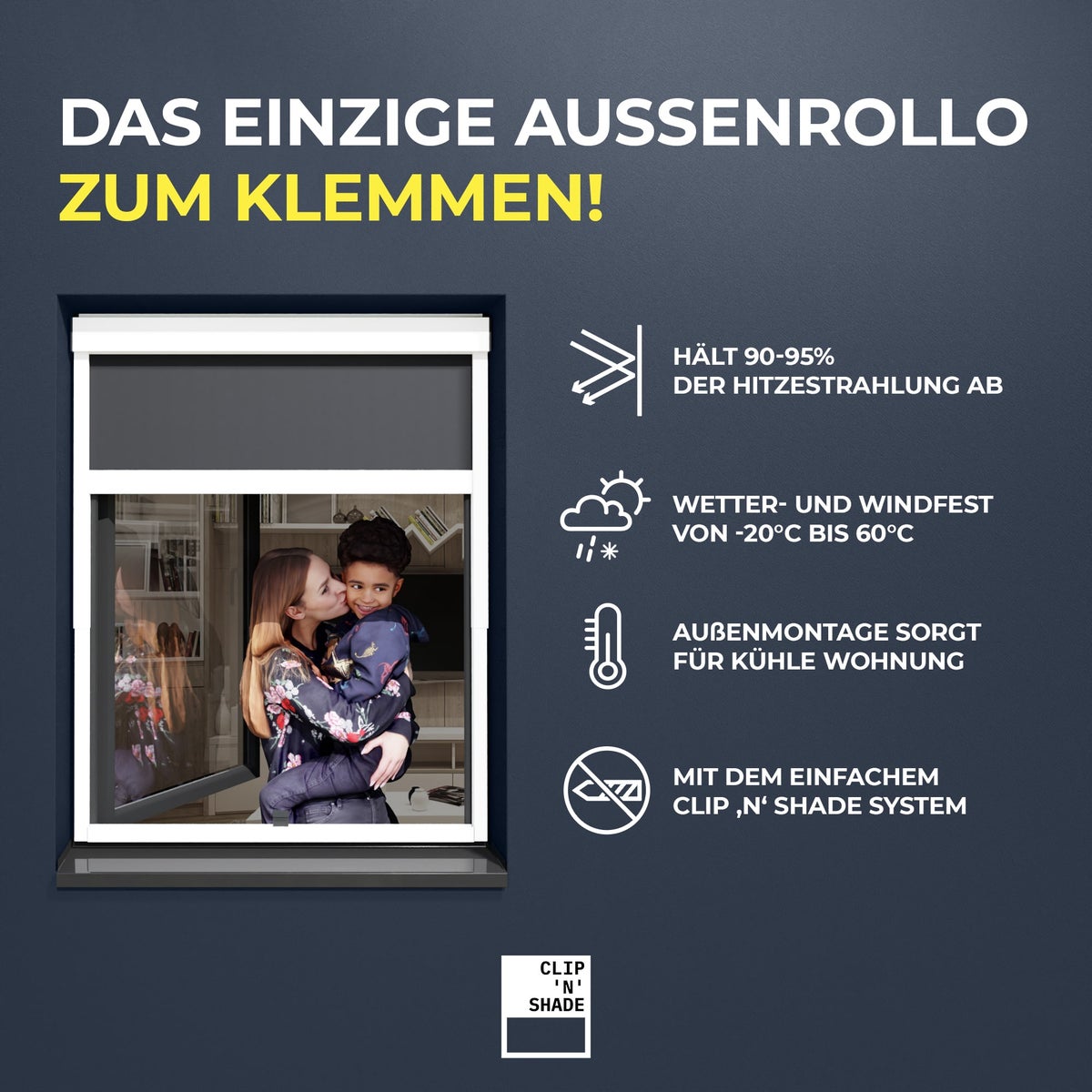 CLIP'N'SHADE Wit - Buitenrolgordijn tegen hitte, jaloezie, privacy- en verduisteringsgordijn voor ramen, warmtewerend rolgordijn zonder boren (Breedte: 80 cm, Hoogte: 60-90 cm, Transparant)