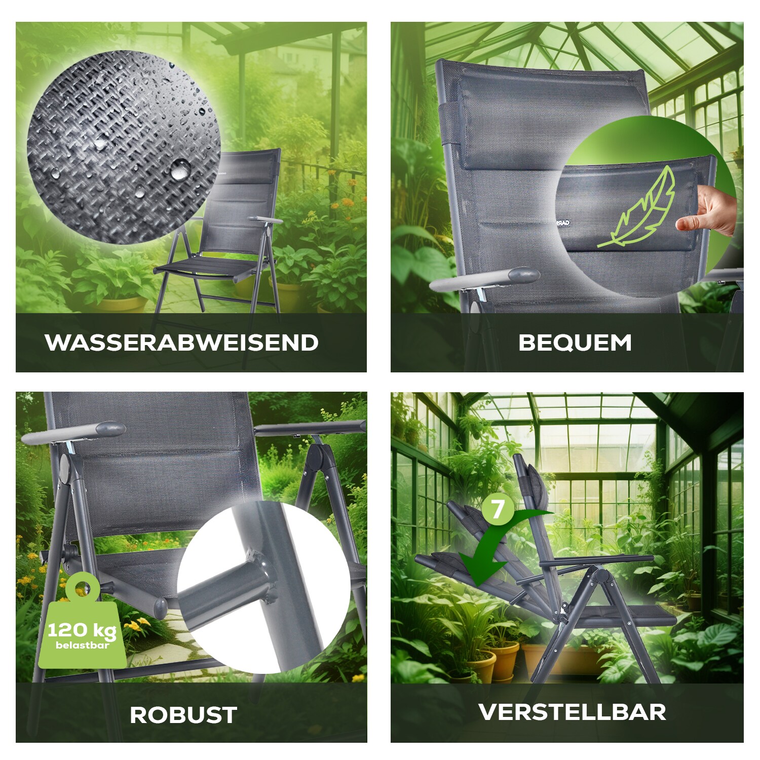 GARMIO® Gartenstuhl Balkonstuhl FLORENZ anthrazit, 4er SET, 7-fach verstellbar, klappbar, inkl. Nackenkissen, für Terrasse