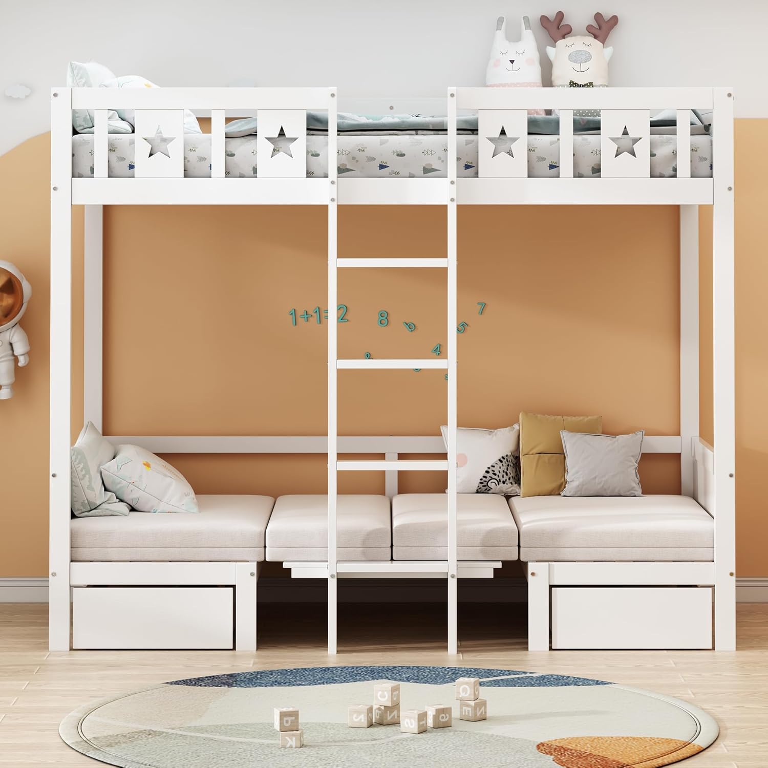 Platzsparendes Etagenbett für Kinder, Hochbett mit Flexibler Tisch und Holzsofa, Kinderbett mit Treppe und 2 Schubladen, 90x200cm Funktionsbett Stockbett Hochbett Jugendhochbett, Weiß, Ohne Matratze