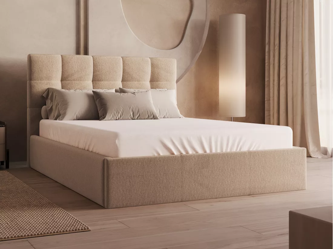 Lit coffre 140 x 190 cm - Velours - Beige + Matelas - MIRDAL de Pascal Morabito