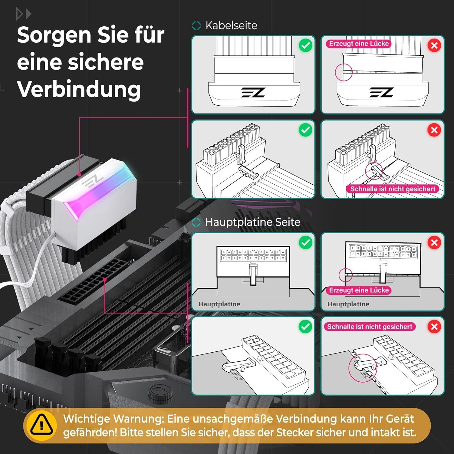 ATX 24-Pin 90 Grad Winkel Stecker Adapter Stromanschluss mit ARGB für Motherboard / Mainboard - Weiss
