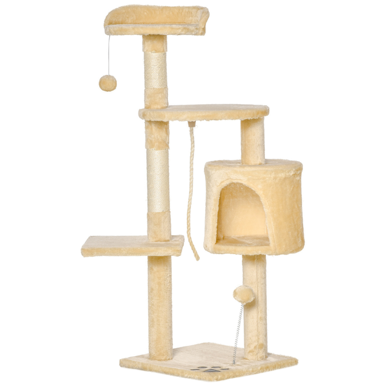 Arranhador Pawhut com plataforma, casinhas para gatos e bolas de brincar, bege para gatos.