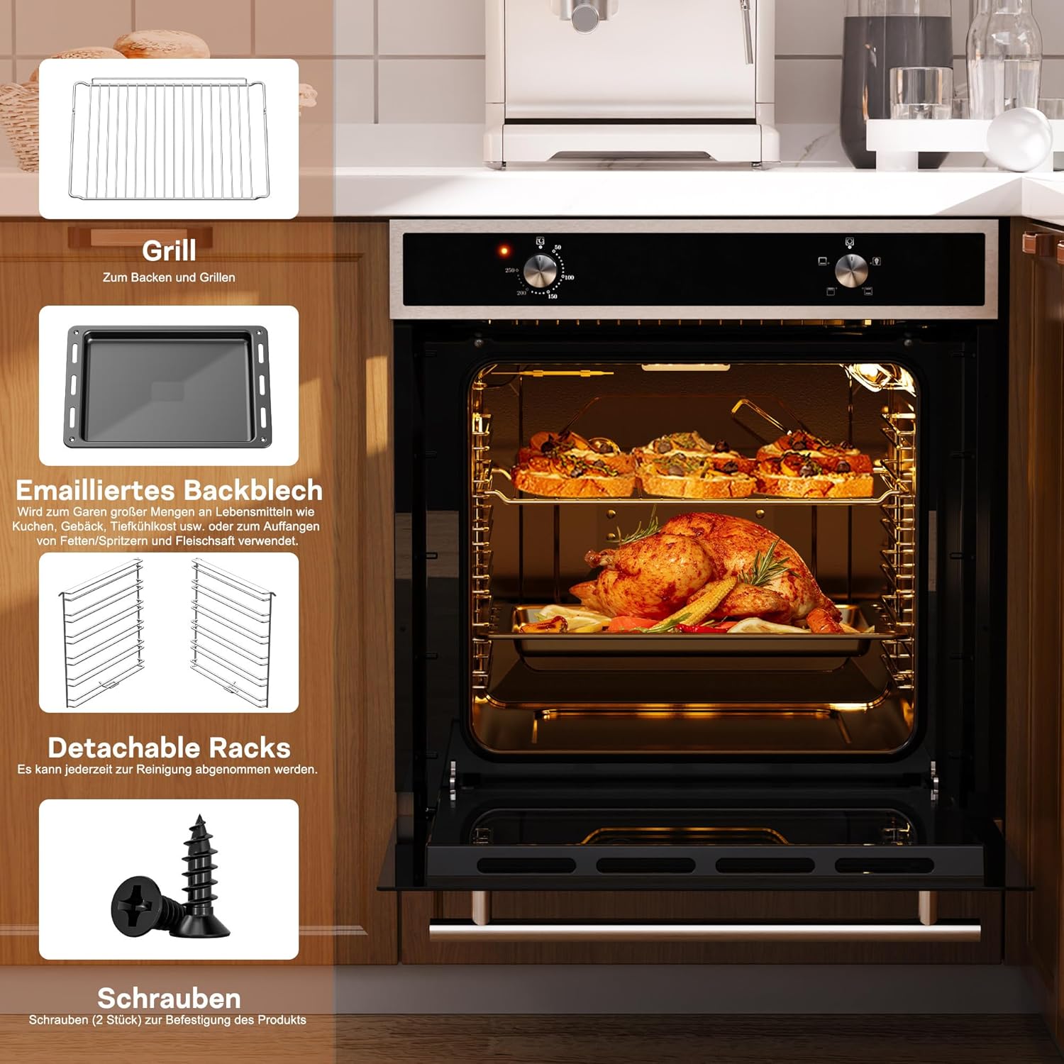 Karinear Einbaubackofen 60 cm mit Drehknopfsteuerung, Backofen Einbaugerät 60 x 60 cm mit 4 Programmen, 50-250 °C mit Gehärtete Glasplatte, Einbauofen mit Stecker, 2200W, 65L