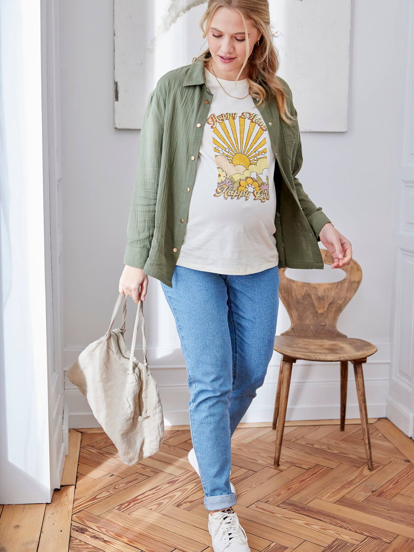 Camisa de maternidade e amamentação em chiffon de algodão verde-oliva