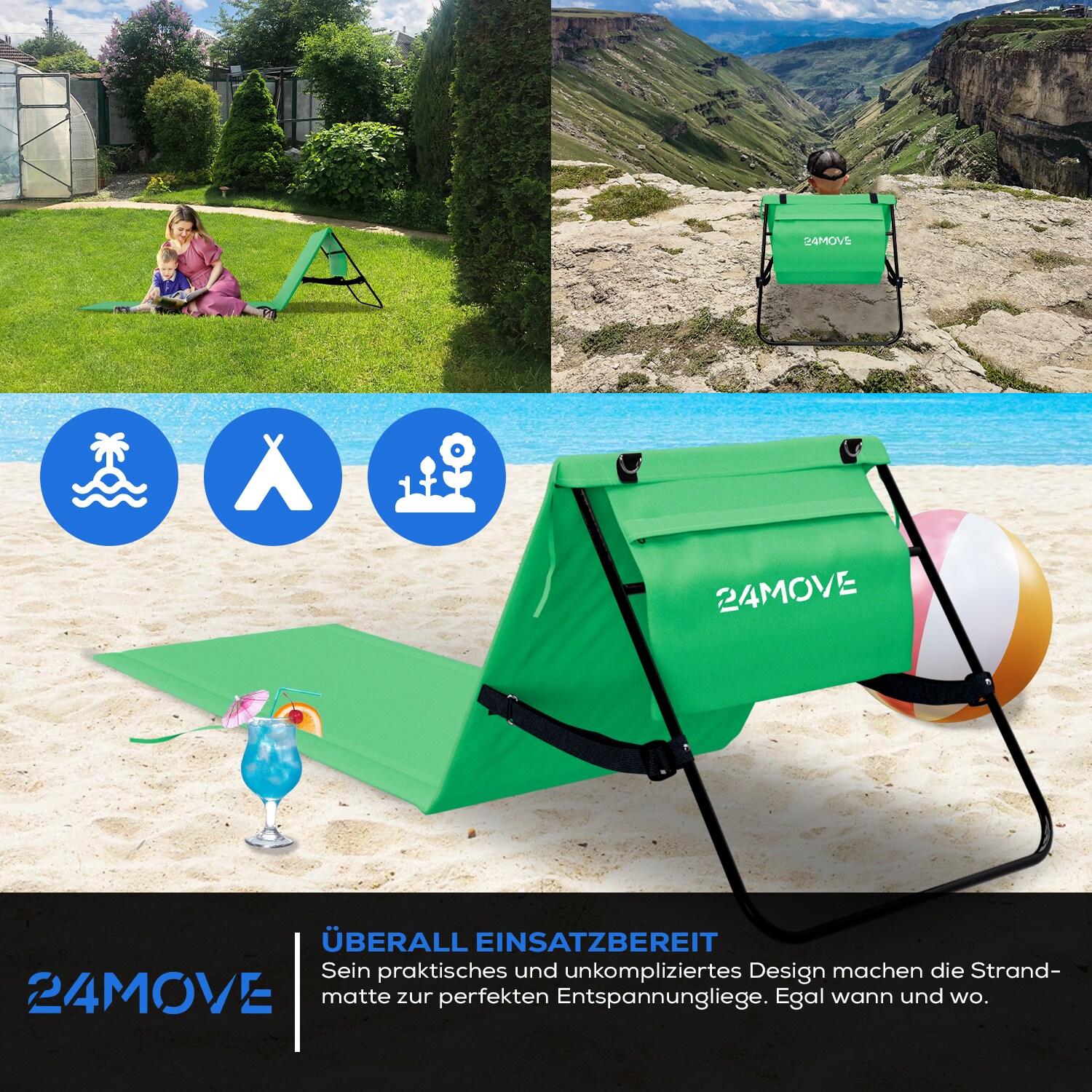 24MOVE® Strandmatte 1er Set klappbar mit Rückenlehne, Strandliege mit Gurt, tragbar für Strand und Garten, Liegematte grün