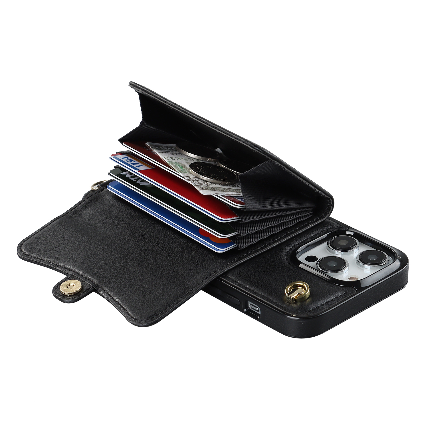 iPhone 14 Pro Necklace Leder Schutz Hülle mit Kartenfach   Handykette (140cm) - Schwarz