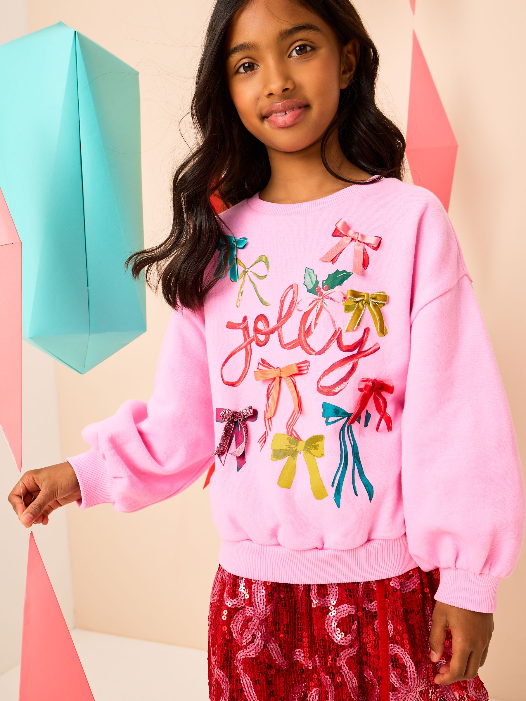 Roze Jolly met strik - Kersttrui-sweatshirt (3-16jr)