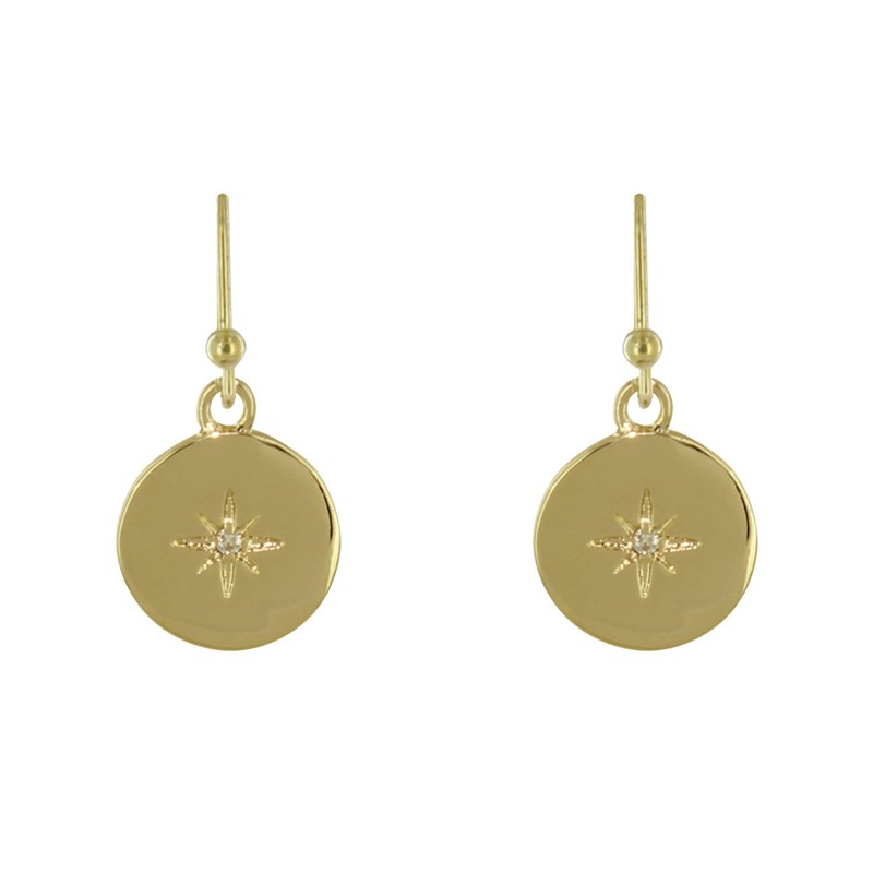 Boucles d'Oreilles Plaqué Or Médaille Ronde Etoile Polaire et Strass