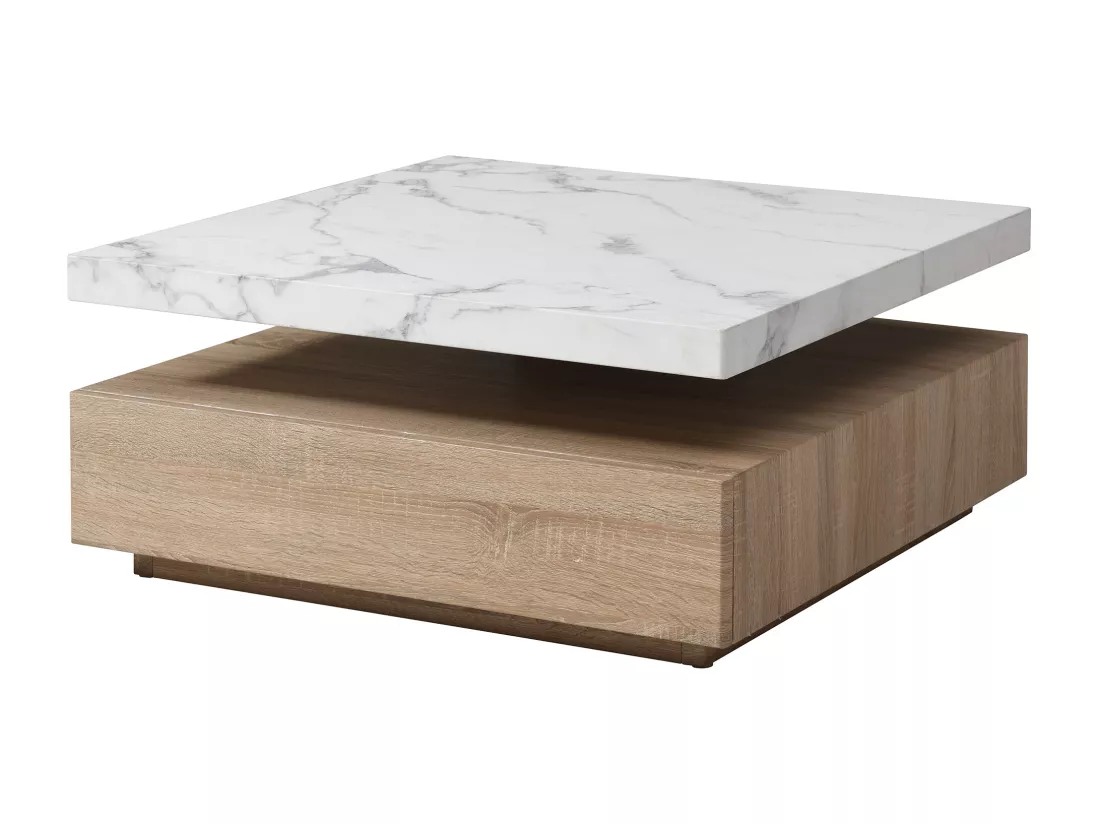 Table basse pivotante avec 1 tiroir en MDF - Effet marbre blanc et Naturel - KYRIA