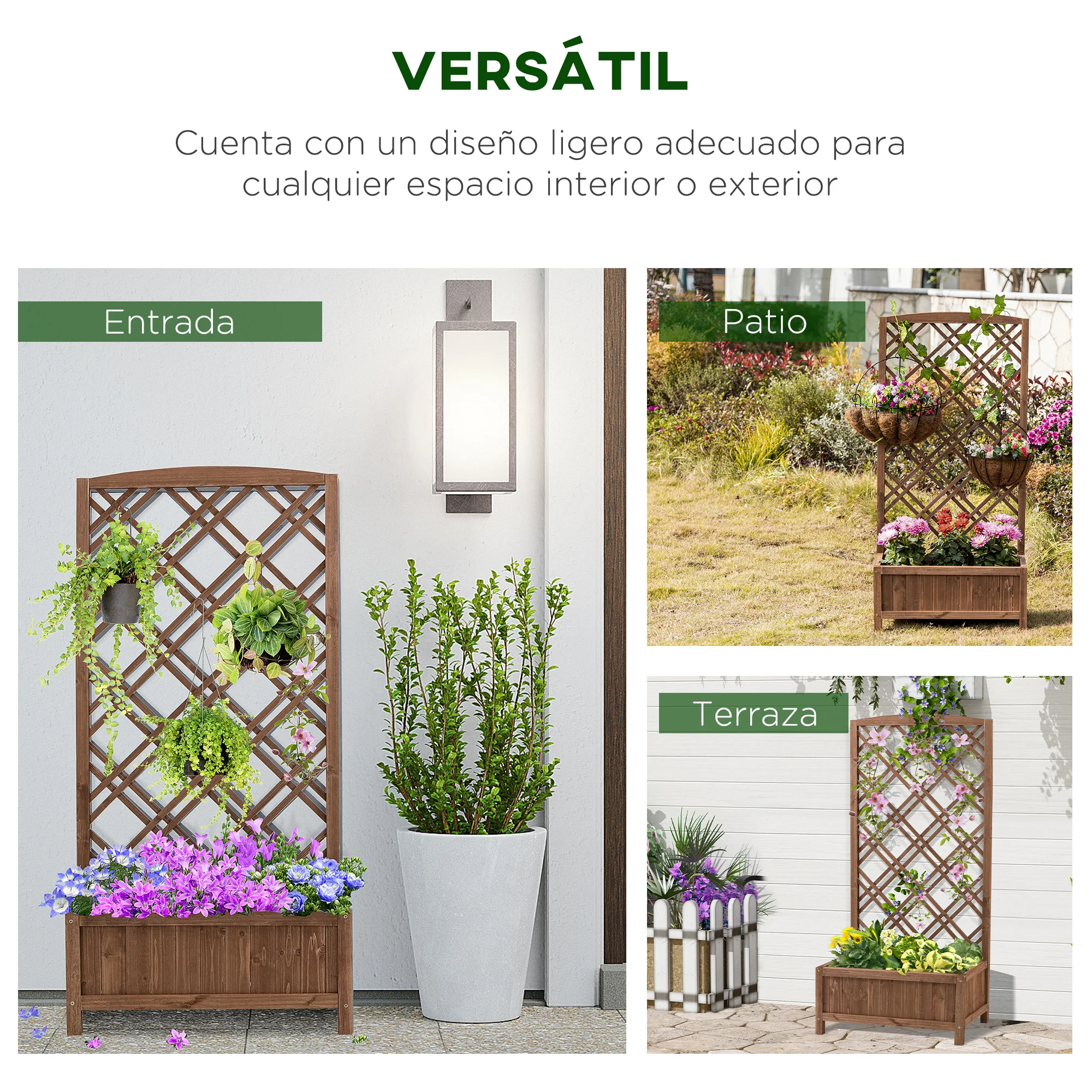 Vaso de treliça Outsunny, vaso de madeira com suporte para plantas trepadeiras, ideal para terraço, jardim e varanda, 60x30x122,5 cm, cor natural.