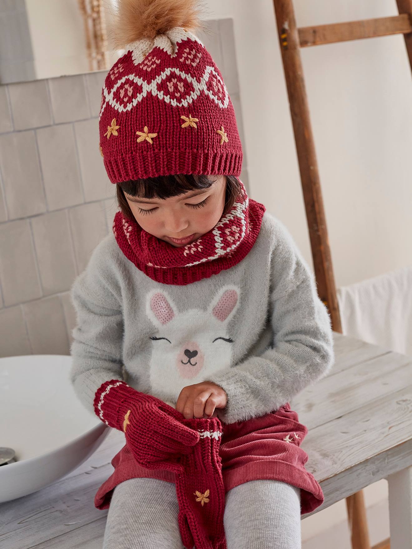 Conjunto de gorro, cachecol e luvas em jacquard Oeko-Tex® para meninas, rosa escuro, bicolor/multicolorido.