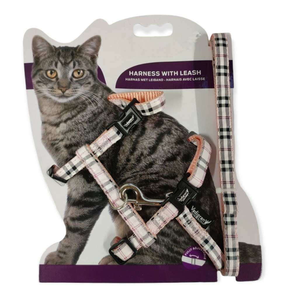 Harnais + laisse écossais rose, réglable pour chat, 120 cm.