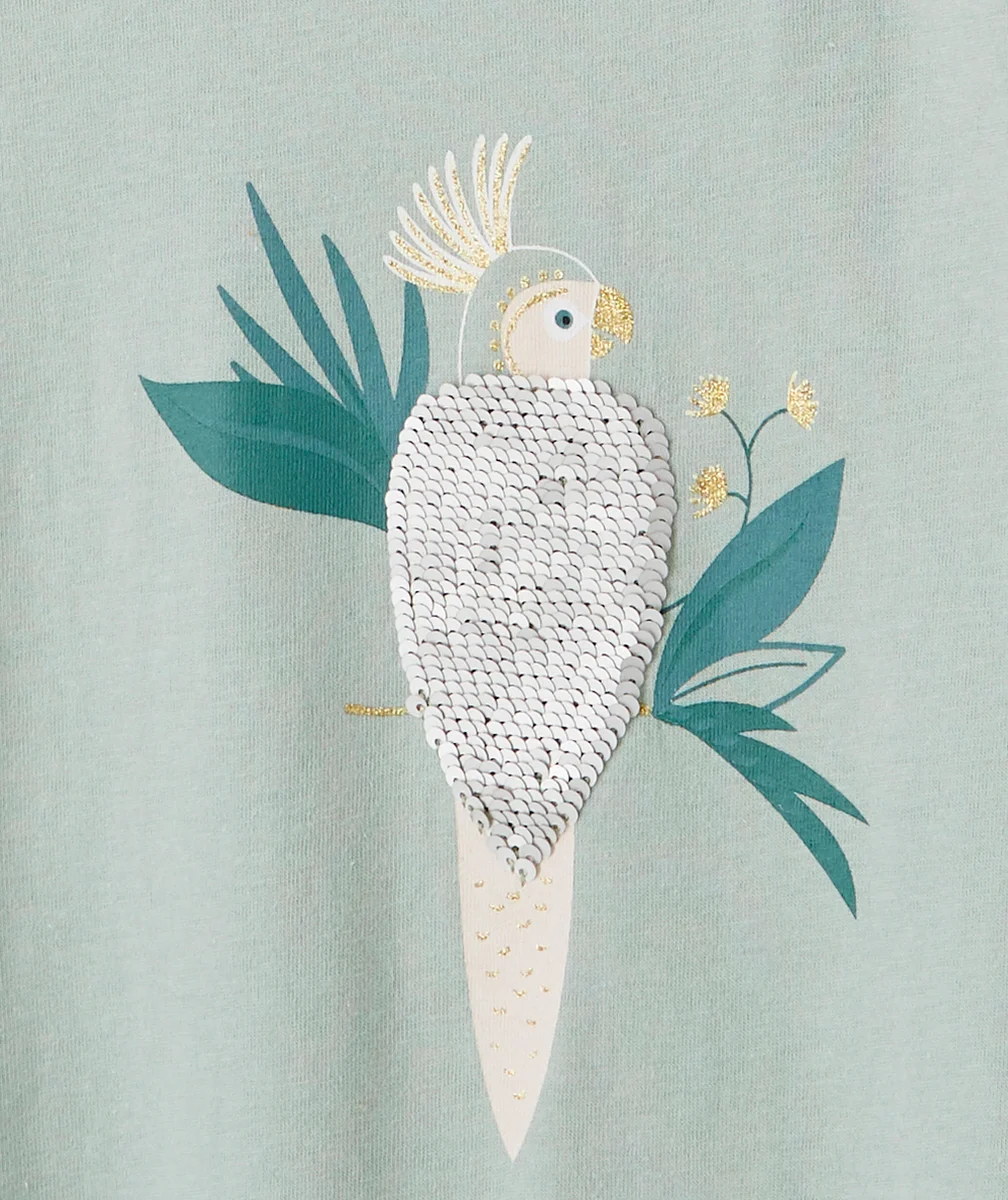 T-SHIRT FILLE EN COTON BIOLOGIQUE AVEC OISEAU À SEQUINS