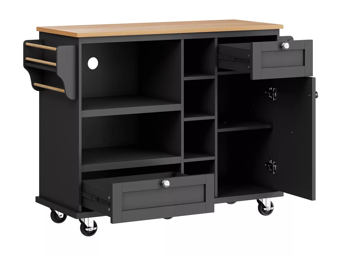 Ilot central de cuisine - 2 tiroirs et 8 compartiments - MDF - Noir