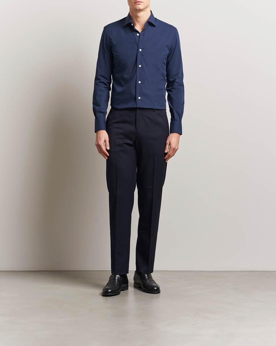Mazzarelli Soft Cotton/Stretch Cut Away Shirt Navy