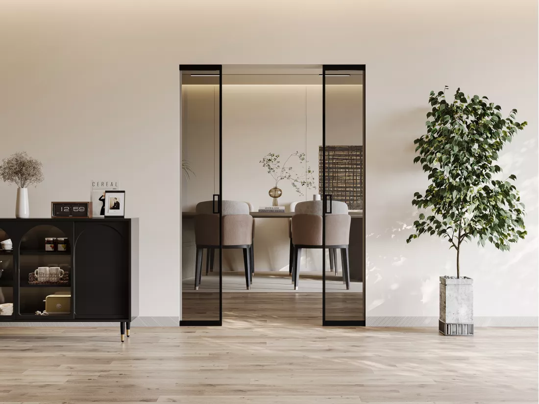 Porte coulissante double avec système à galandage - aluminium et verre trempé fumé - 2 x H205 x L63 cm - LINCI II