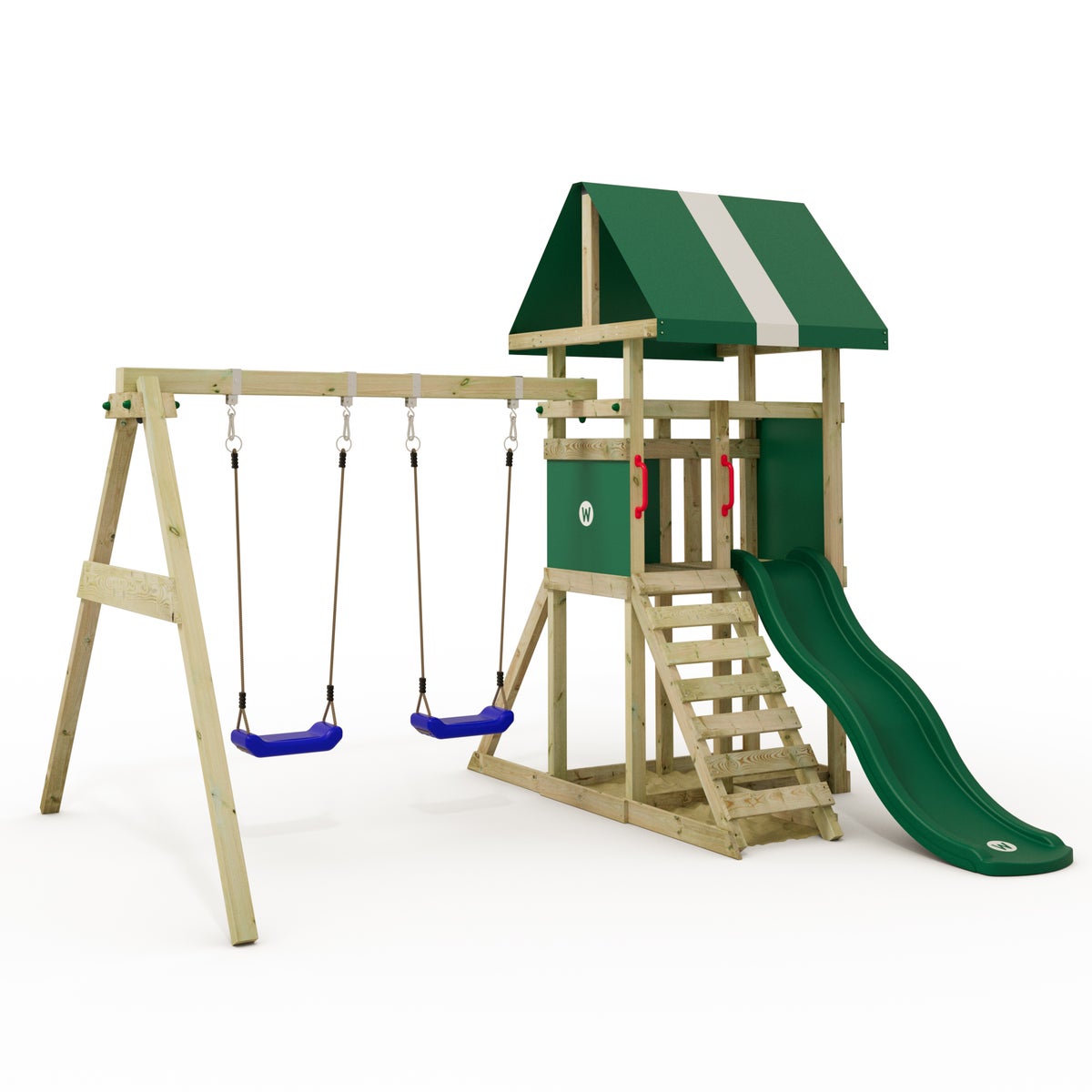 WICKEY DinkyHouse speeltoren klimrek met schommel en glijbaan, klimtoren met zandbak, ladder en speelaccessoires – groen