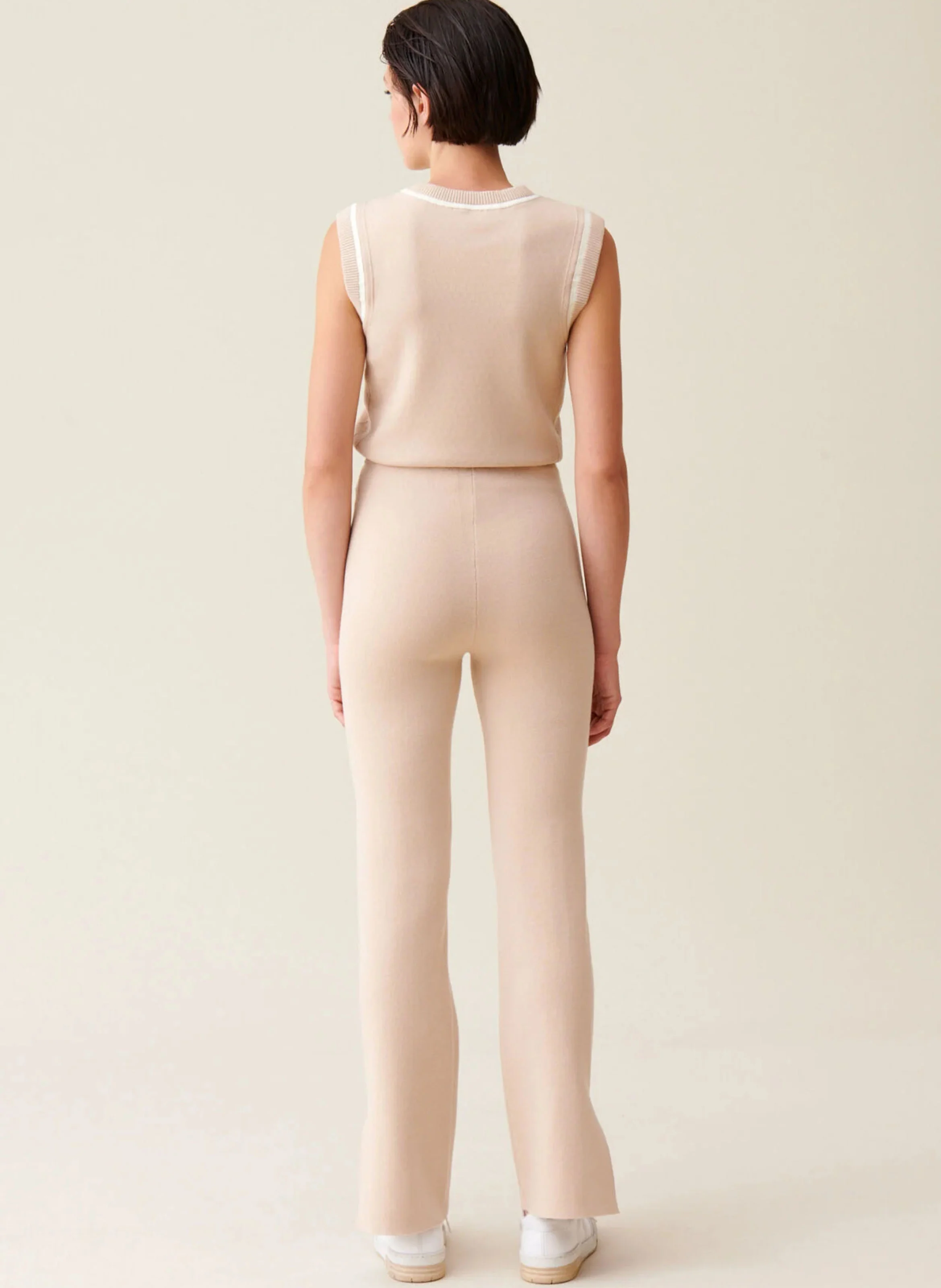 Pantalon droit surpiqures en coton mélangé | Beige