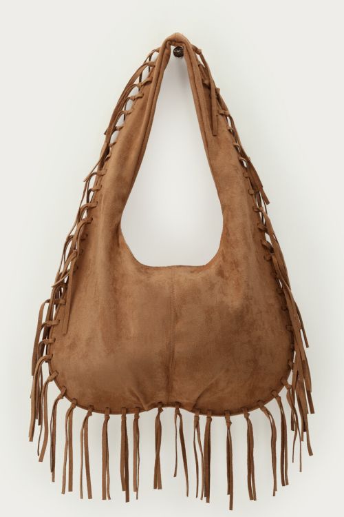 Bruine shopper in suède look met franjes