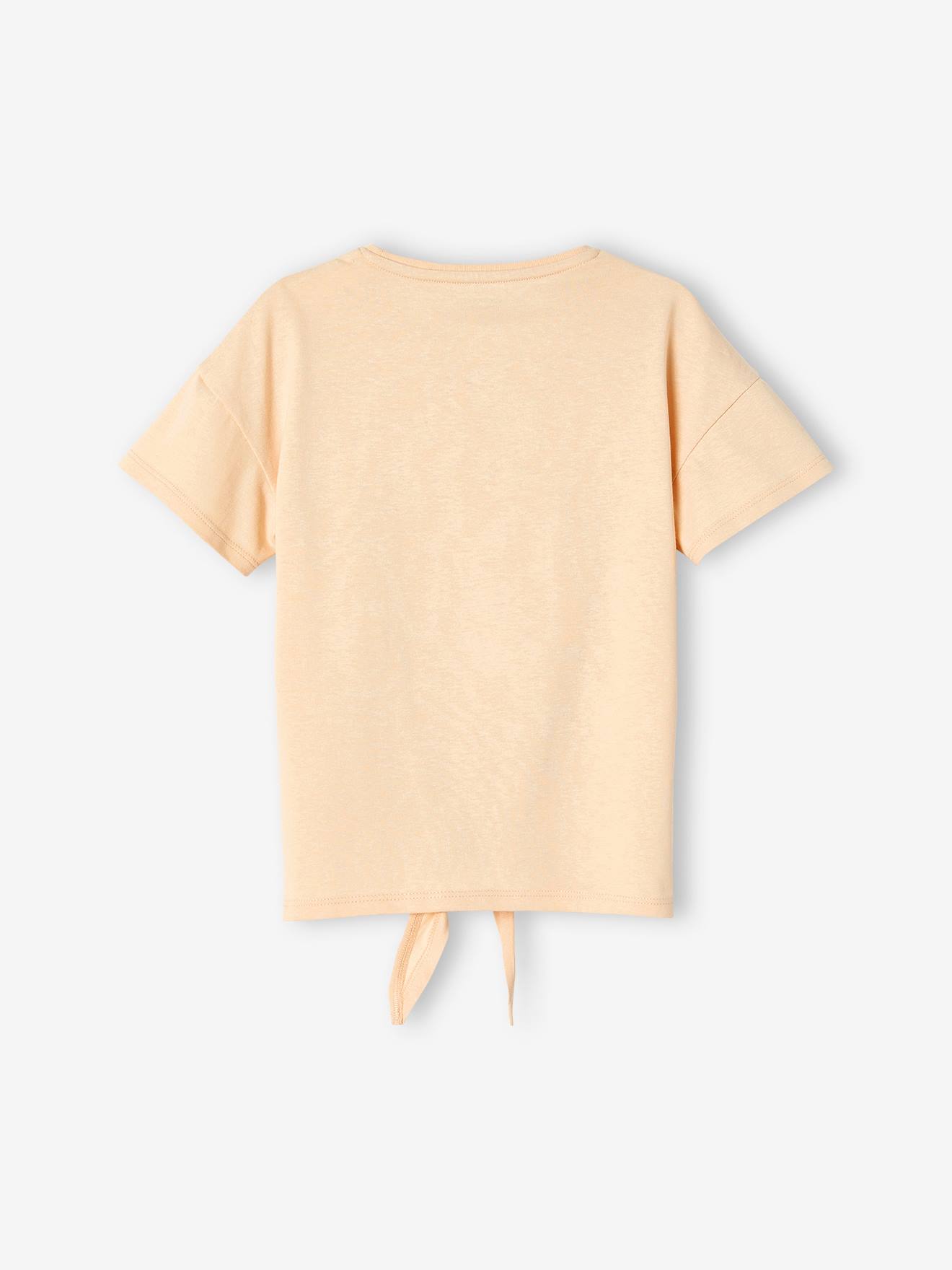 Camiseta esportiva feminina bege com estampa brilhante e barra com nó.