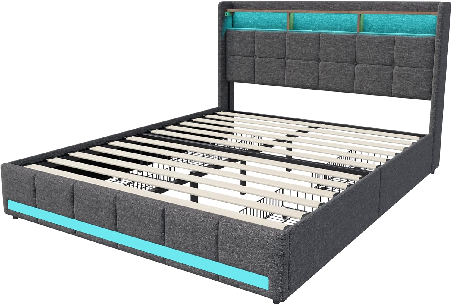 Polsterbett Doppelbett 140x200 cm, Bett 140x200 mit Bettkasten, Stauraumbett mit 4 Schubladen und Lattenrost, Staufach-Kopfteil mit LED-Beleuchtung und Ladestation(2 USB-Anschlüsse,1 Type-C),Leinen