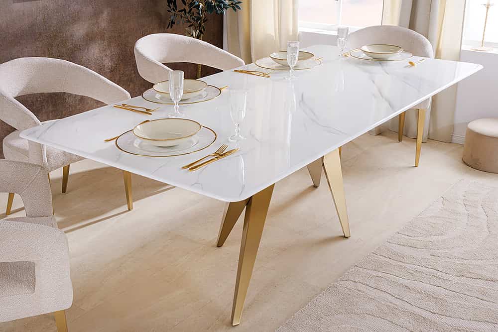 Design Esstisch ART LIVING 200cm weiß Marmor Keramik Metall brushed champagner gold