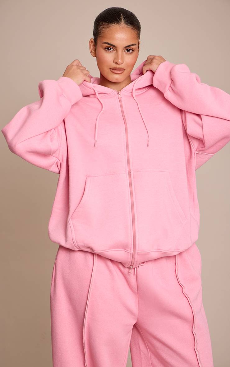 Rose Clair Hoodie Zippé Oversize Grande Taille Avec Détails De Coutures