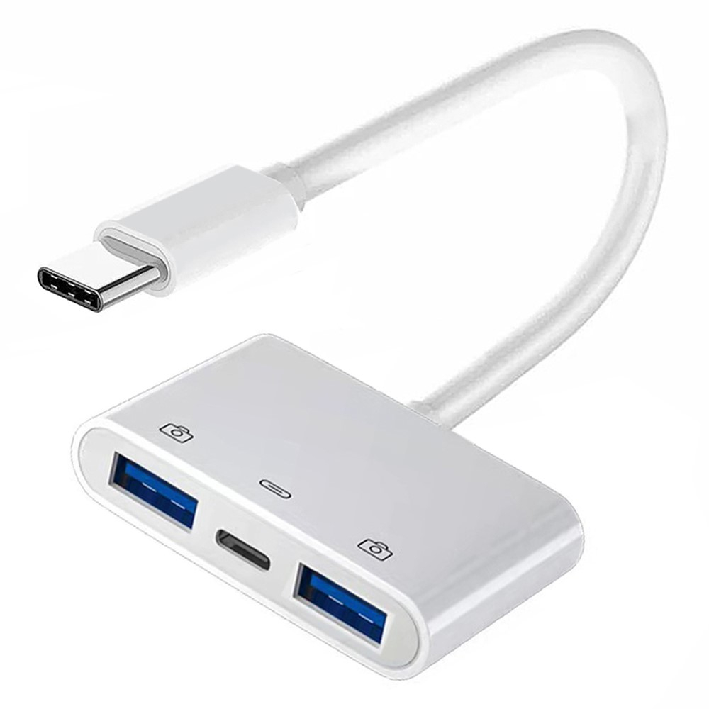 USB C auf 2x USB A (3.0) / USB C (PD/24W) Lade Adapter Konverter für Handy / MacBook Pro / Laptop - Weiss