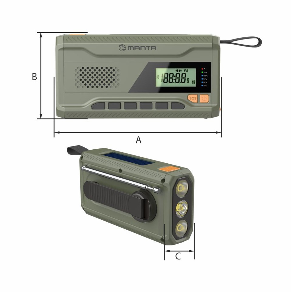 Manta - Bærbar nødradio FM-radio, solenergi powerbank, lommelygte