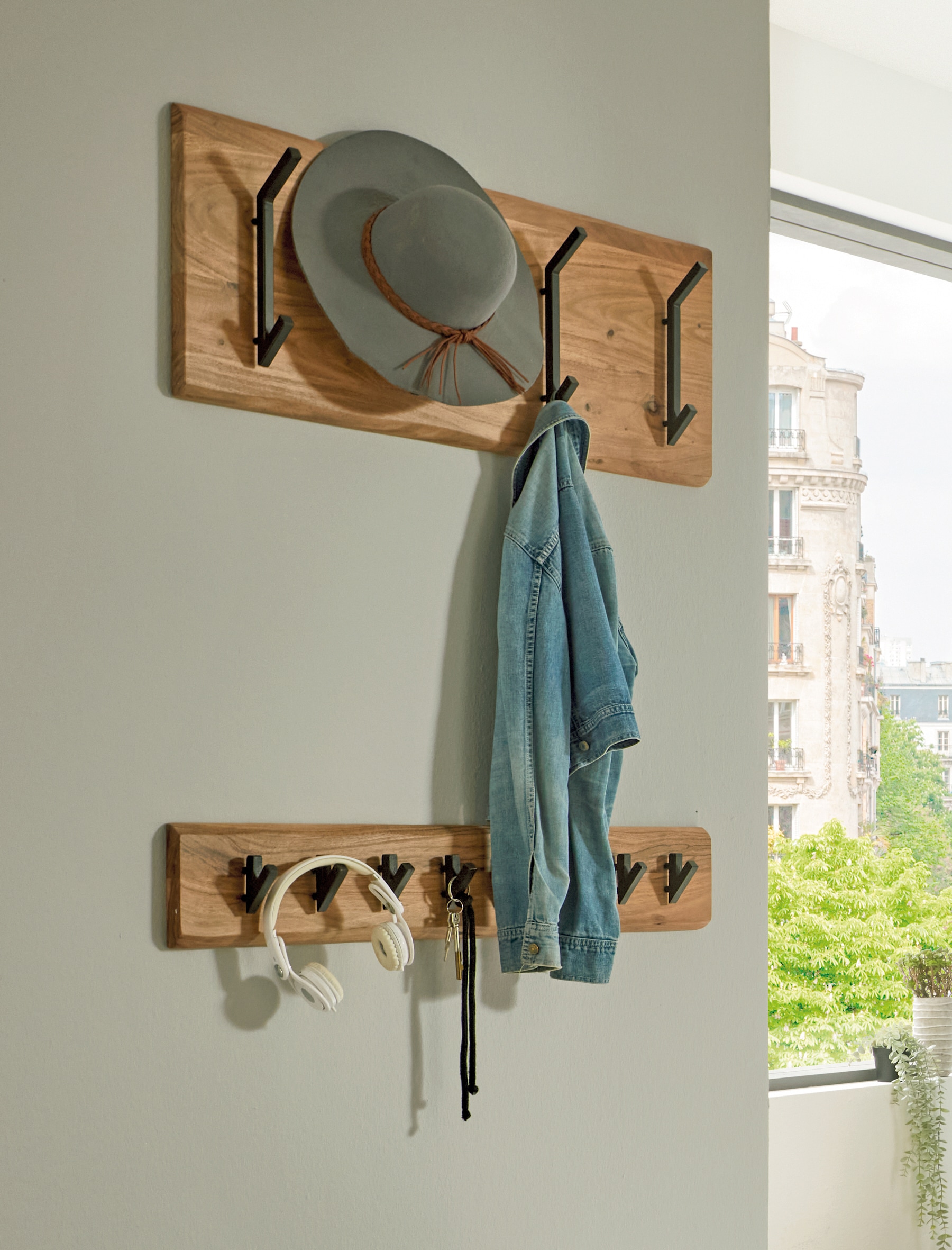 Wandgarderobe 90 x 36 cm Akazie Massivholz/schwarz
