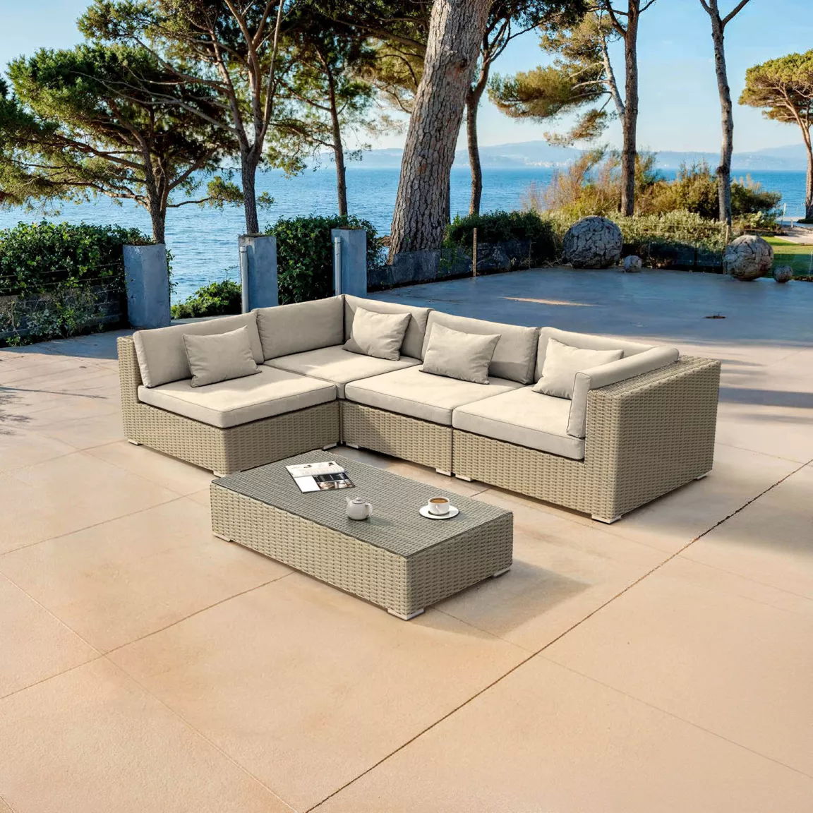 Salon de jardin en résine tressée 4 places 5 pcs Palma Gris et beige