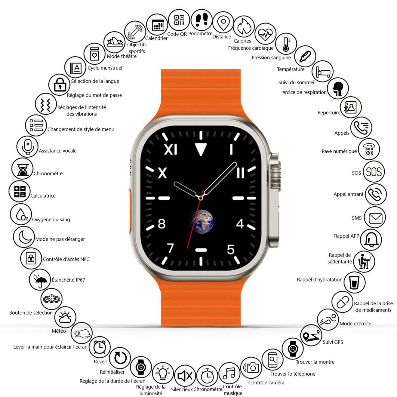 Onamaste Montre connectée Bluetooth multifonctions orange