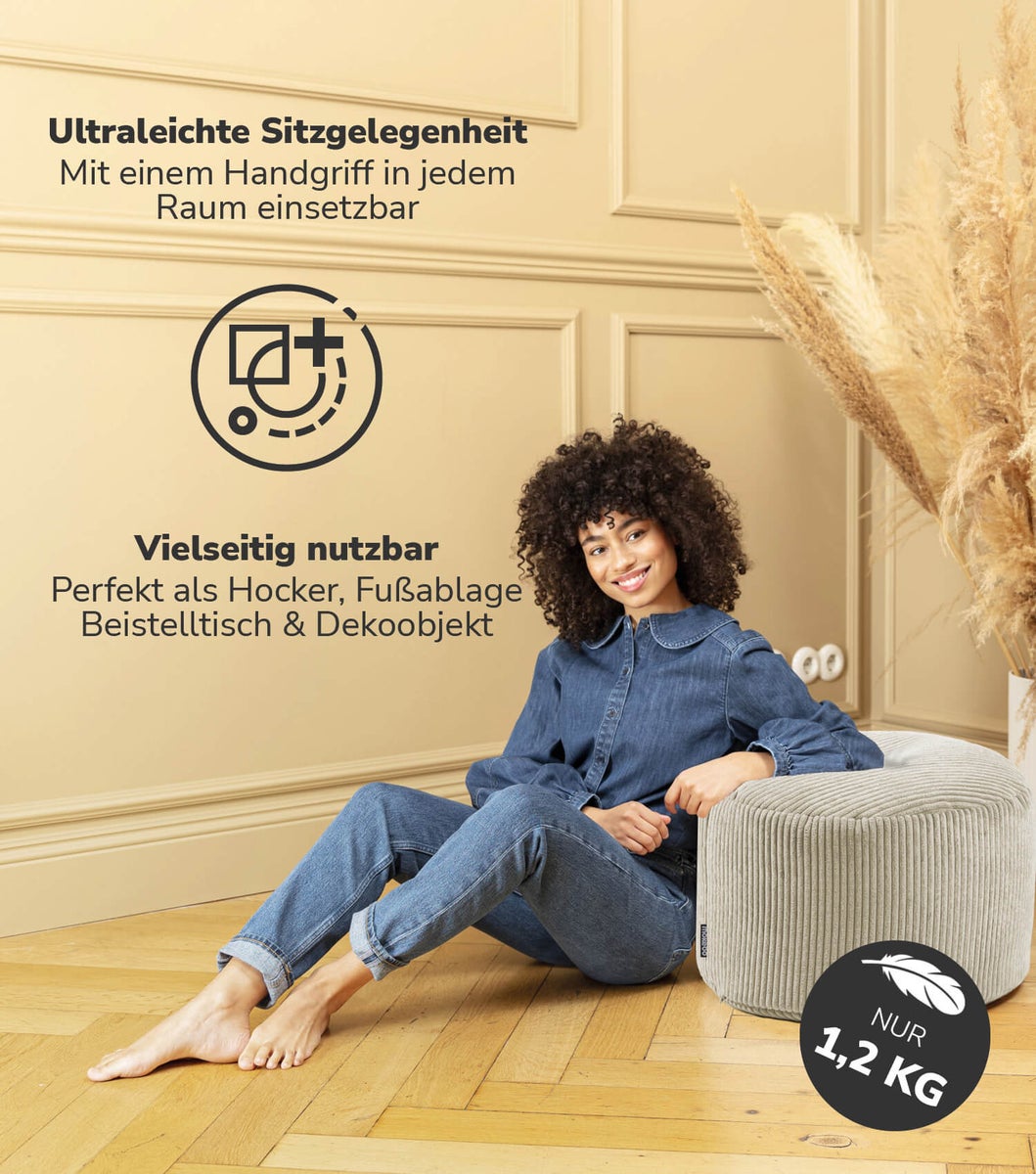 mokebo poef of kruk van corduroy 'The Lazy Spring', voetenbankje in beige met EPS-korrelvulling