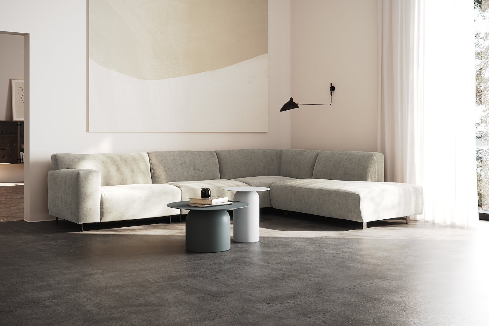 Vesta hjørnesofa 3-seter med åpen ende høyre, Big hjørnemodul, Tekstil Eros Stone, standardsøm, sort metallben 10 cm, Comfort CM