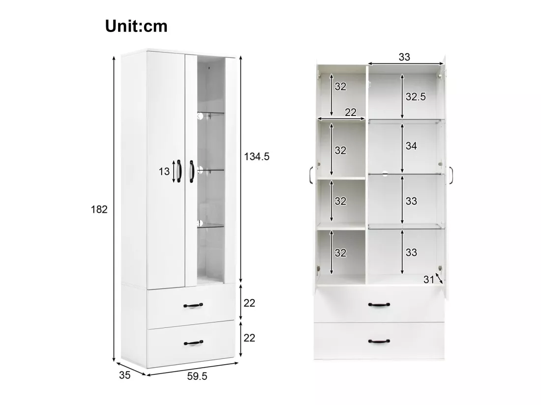 Vitrine avec 2 porte et 2 tiroirs et LED - Hauteur 180cm - Blanc
