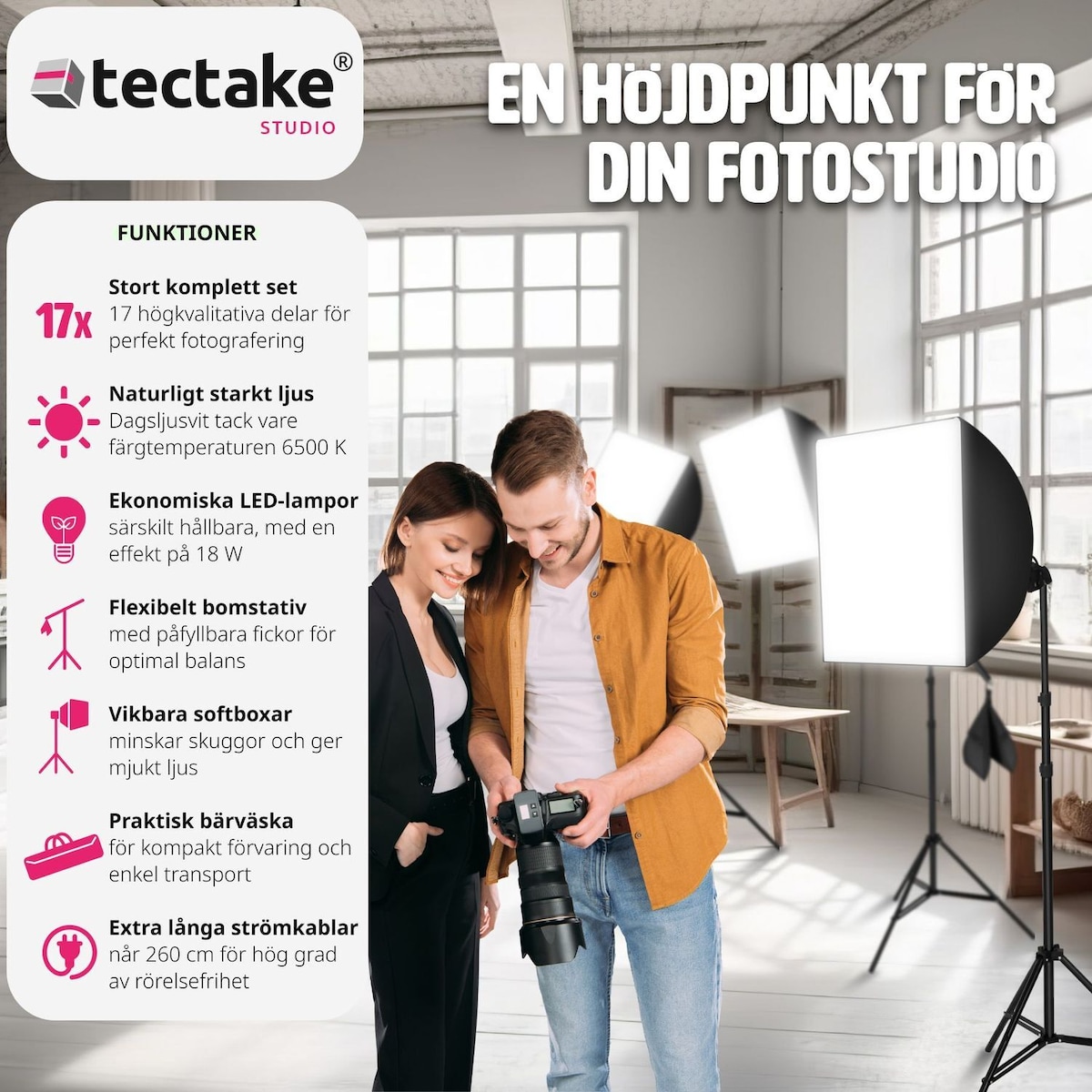 Studiolys sett med glødelampe + softbox - svart
