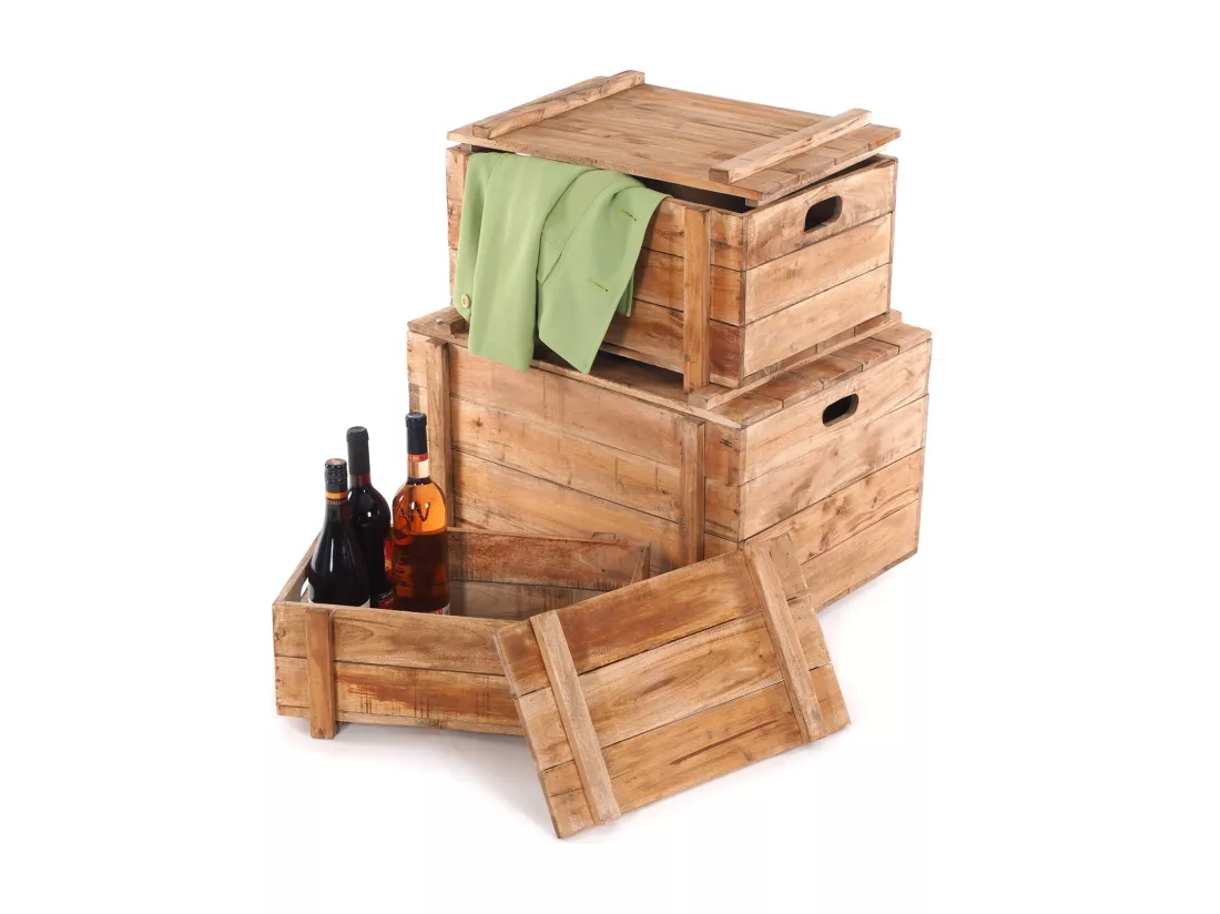 ENSEMBLE DE CAISSES Yoya 60 3-pièces. Bois massif, avec couvercle, empilable couleurs naturelles