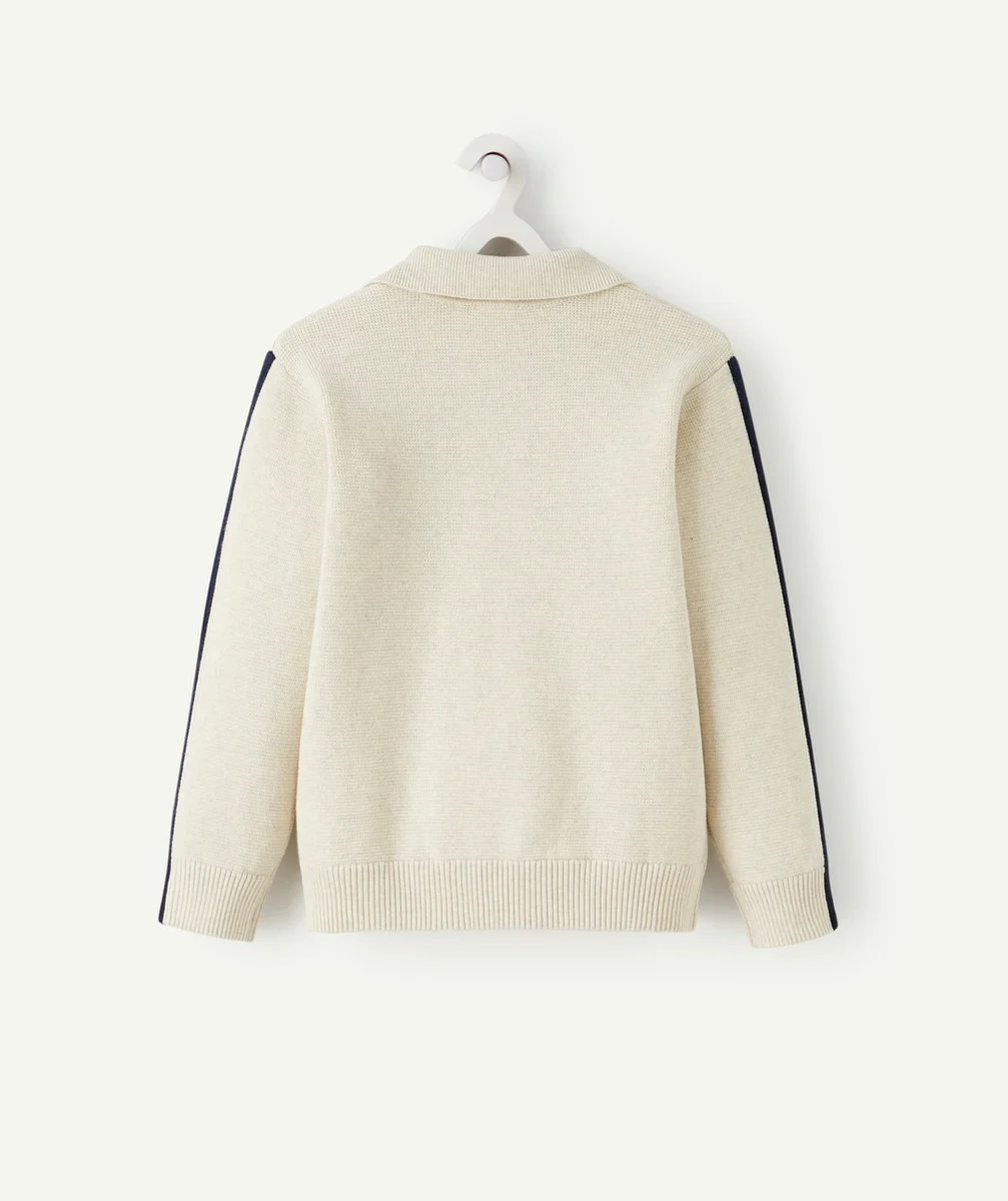 POLO GARÇON EN COTON ÉCRU AVEC BANDE BLEU MARINE ET MESSAGE