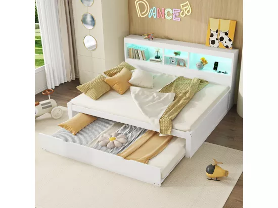 Lit gigogne 140x200 éclairage d'ambiance télécommandé compartiment de rangement côté lit prise+USB Blanc