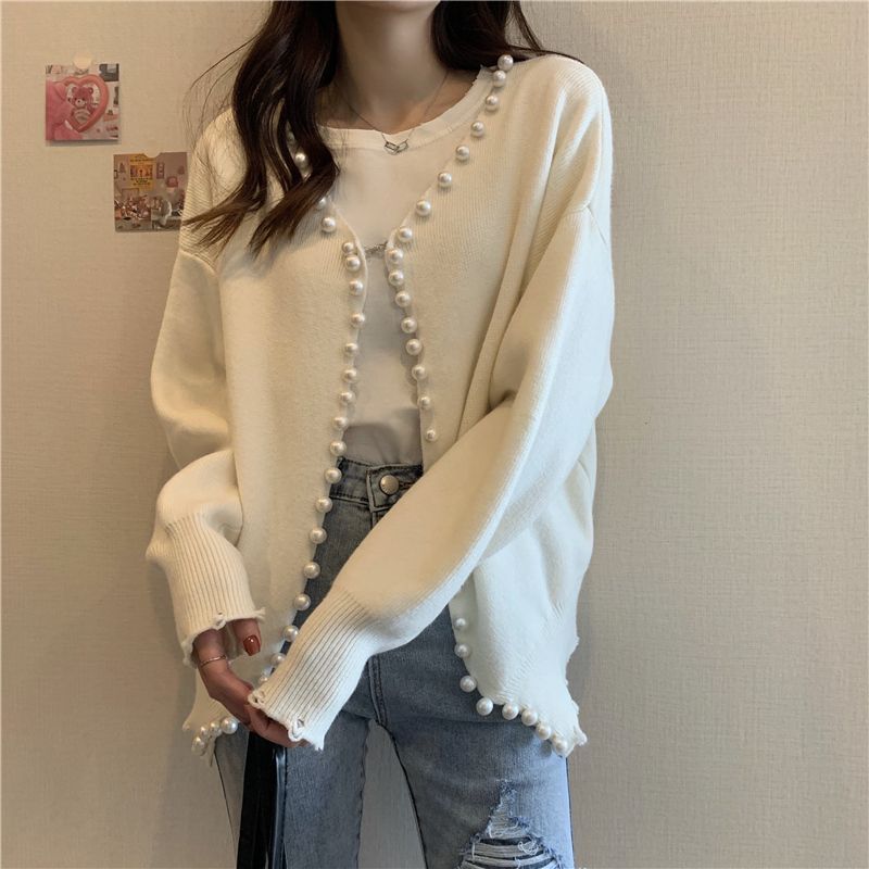 Everose - Cardigan met imitatieparelrand