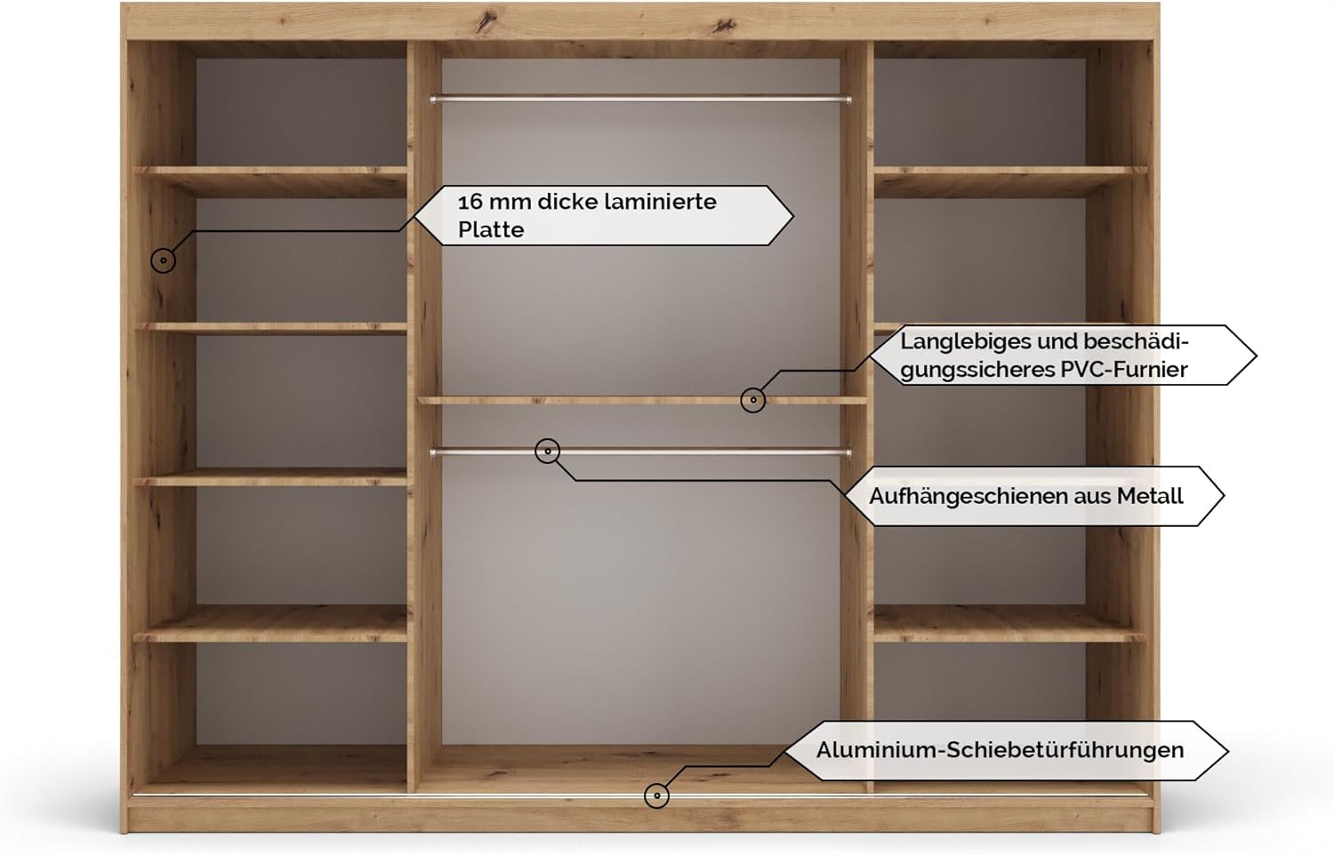 MEBLE KRYSPOL Kleiderschrank mit Spiegel Verona 2 - Garderobenschrank - Schrank Schlafzimmer - Mehrzweckschrank DREI Schiebetüren - Regalen - Flur Möbel - Kleiderstange Schrank - Allzweckschrank