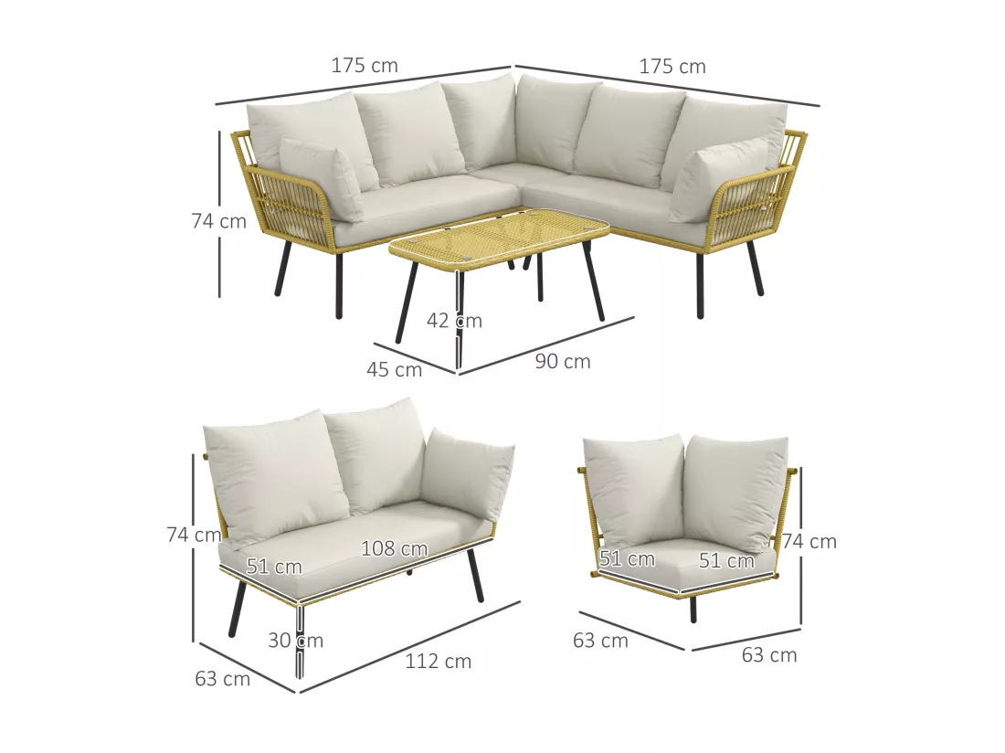Salon de jardin d'angle 5 places style bohème chic - coussins, table basse inclus - résine tressée aspect rotin