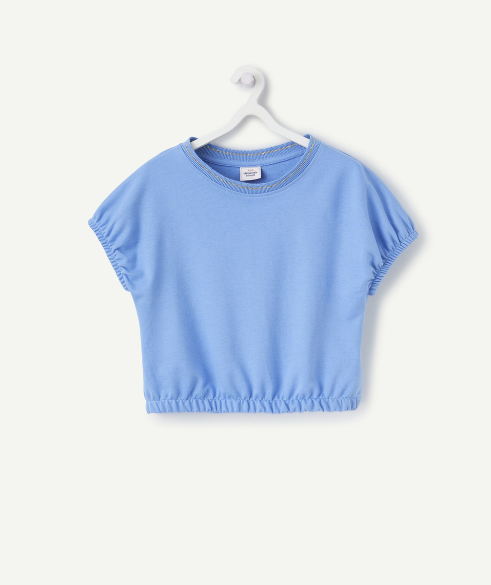 t-shirt manches courtes fille en coton bio bleu avec détails pailletés