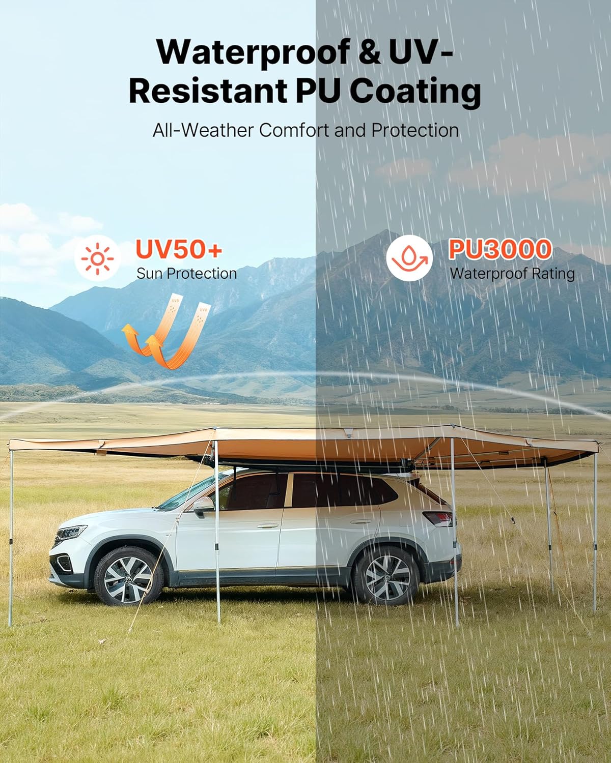 VEVOR Markise Auto, 5,7x3,87x2,1 m, 270°-Markise mit integrierten LED-Leuchten, Sonnensegel, UV50+, freistehende Allwetter-Automarkise, Sonnenunterkunft für SUV & LKW, ideal für Camping