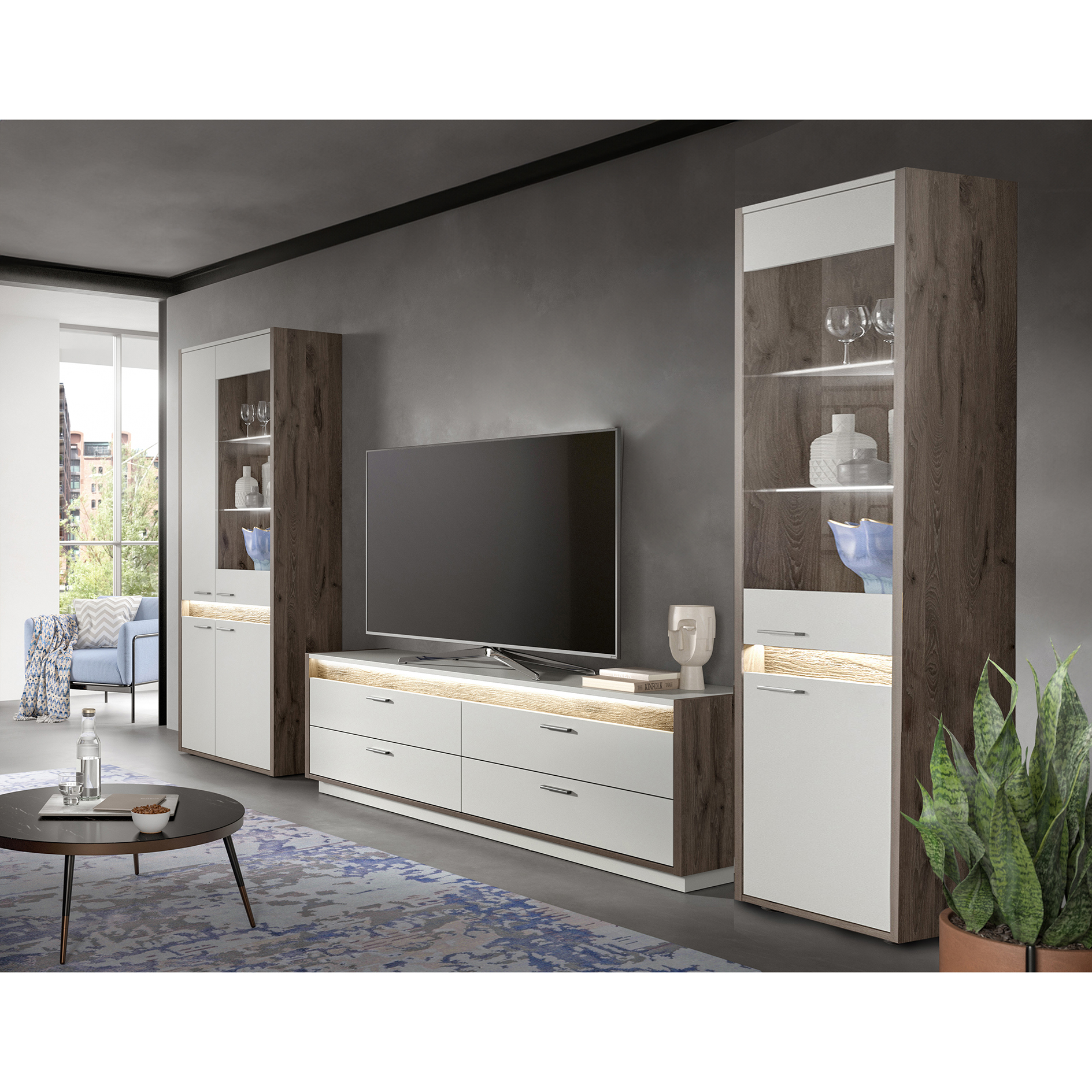 3-teiliges Wohnwand-Set FALCONA - hellgrau - Nox Oak - 350 cm
