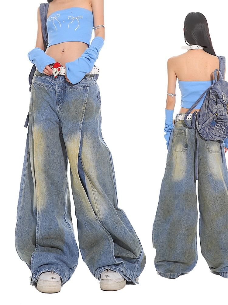 AXEN - Lage taille gewassen wijde jeans
