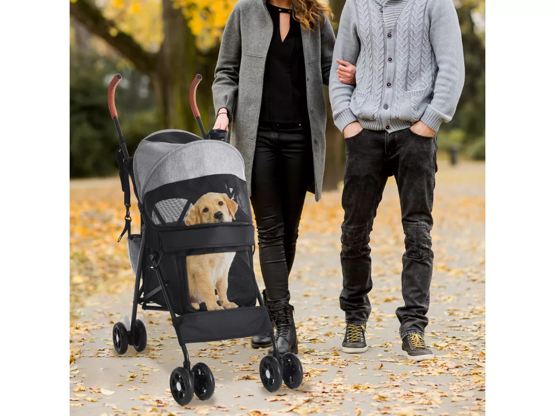 YITAHOME Poussette pour Chiens de Petite et Moyenne Taille - à 4 Roues avec Bretelles - Pliable - Porte-Gobelet - Gris